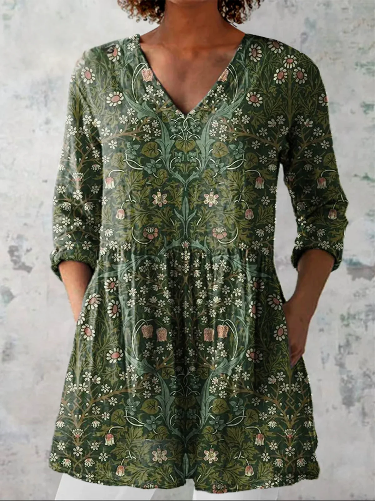 Long Blouse with V-Neck 3/4 Sleeve - greatdealsin