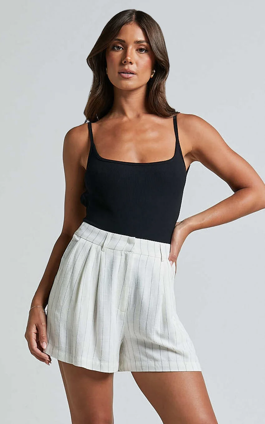 Linen Tailored Pinstripe Shorts in White - greatdealsin