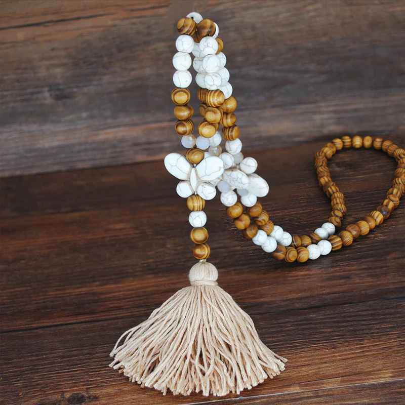 Ethnic Wooden Bead Handmade Tassel Necklace - greatdealsin