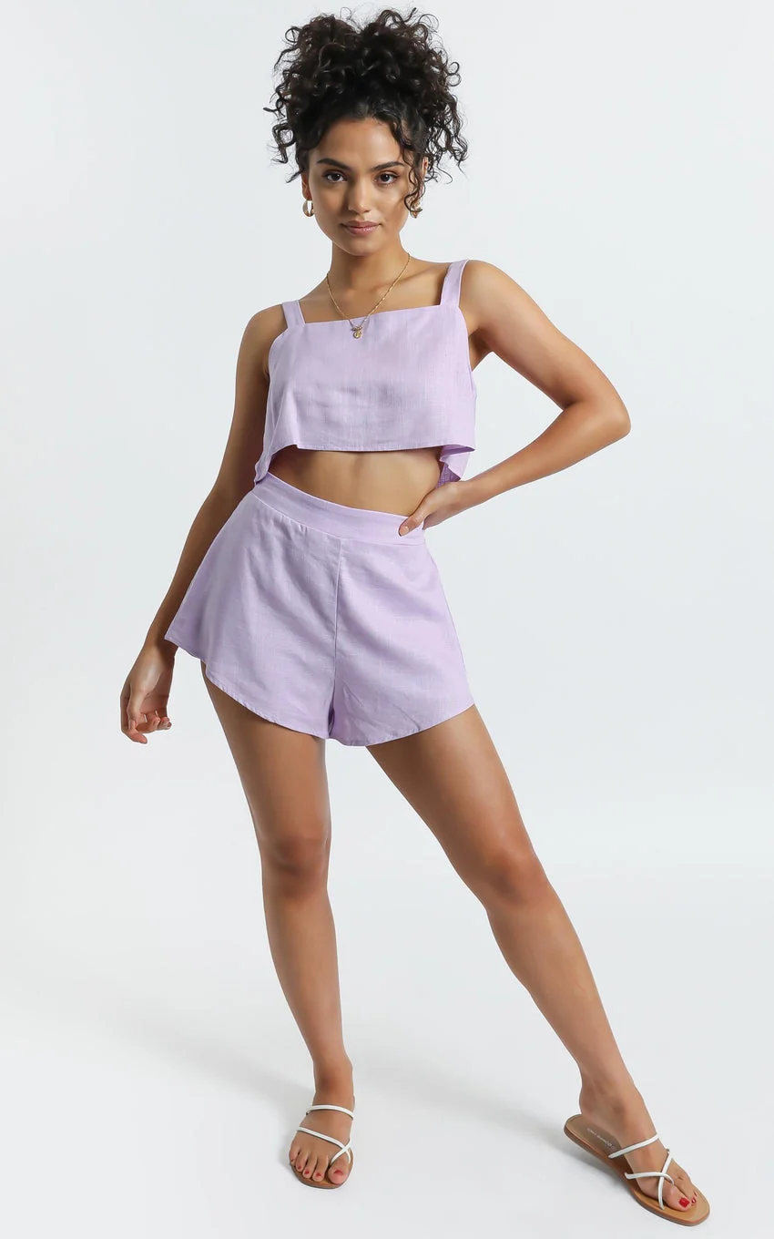 Square Neck Crop Top and High Waist Mini Flare Shorts in Lilac Linen Look - greatdealsin