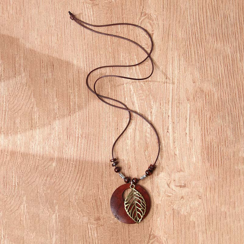 Leaf & Wood Slice Long Necklace - greatdealsin
