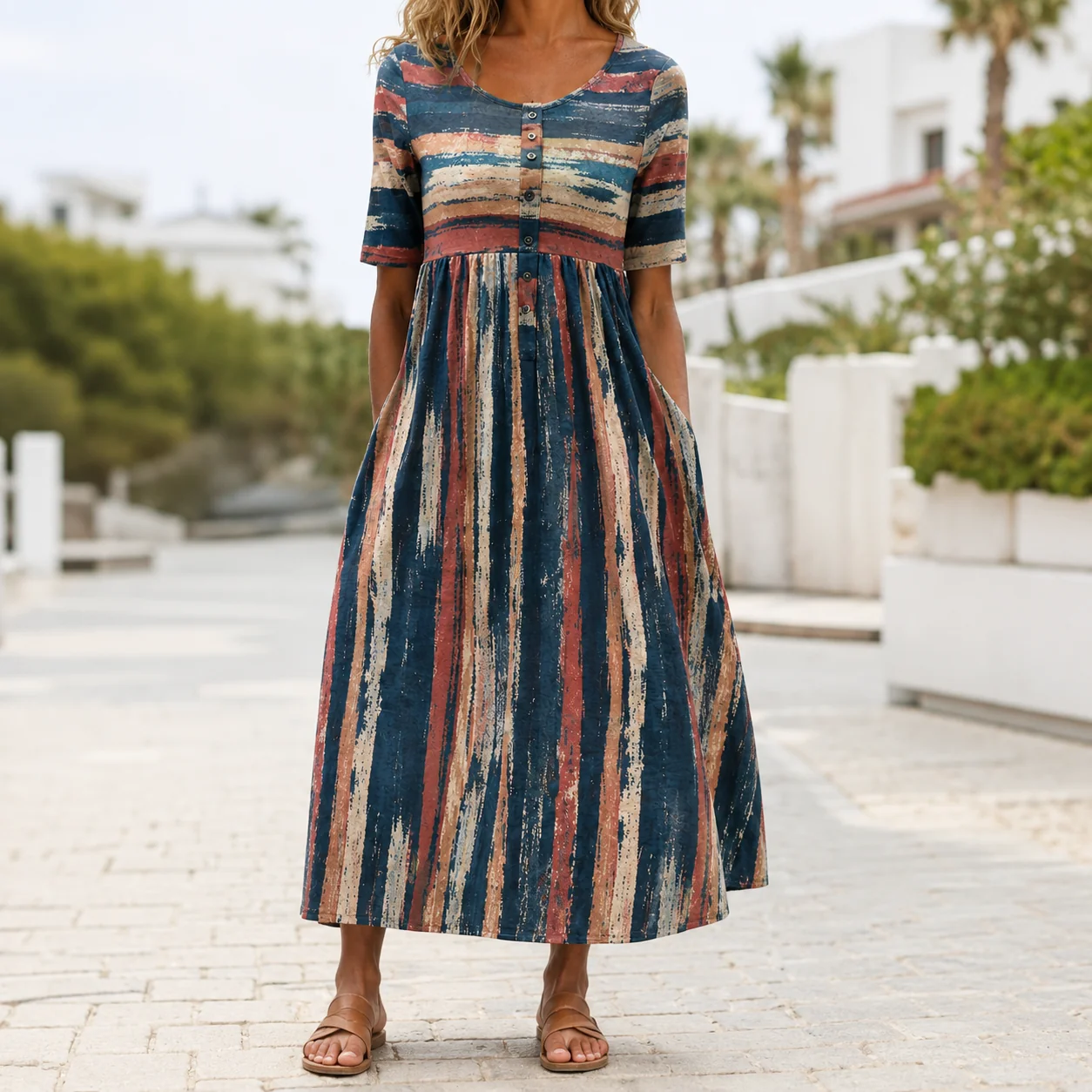 STRIPED TUMMY-COVERAGE MIDI DRESS - greatdealsin