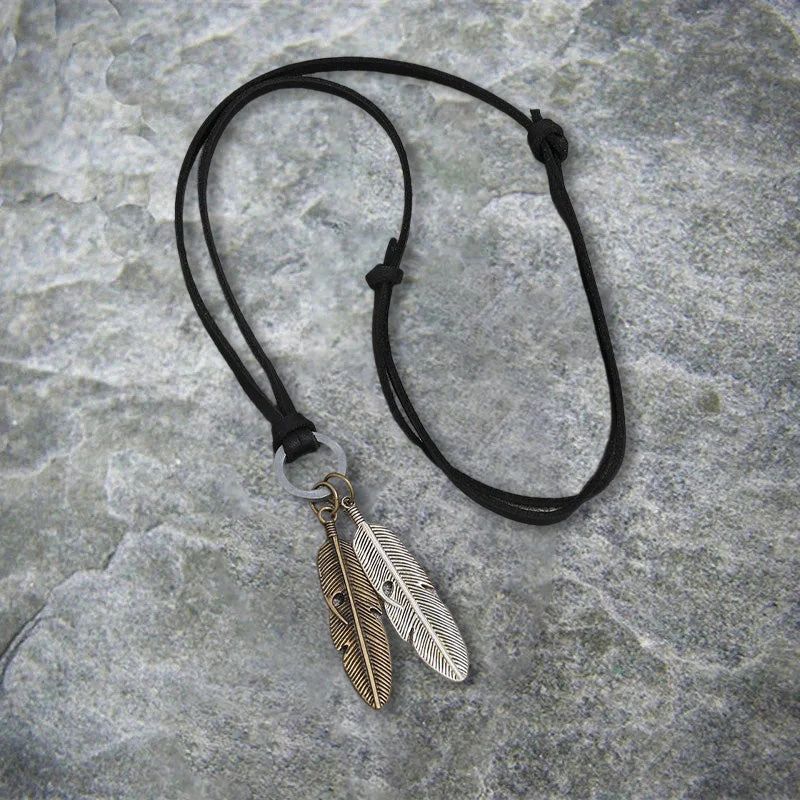 Vintage Alloy Feather Leather Necklace - greatdealsin