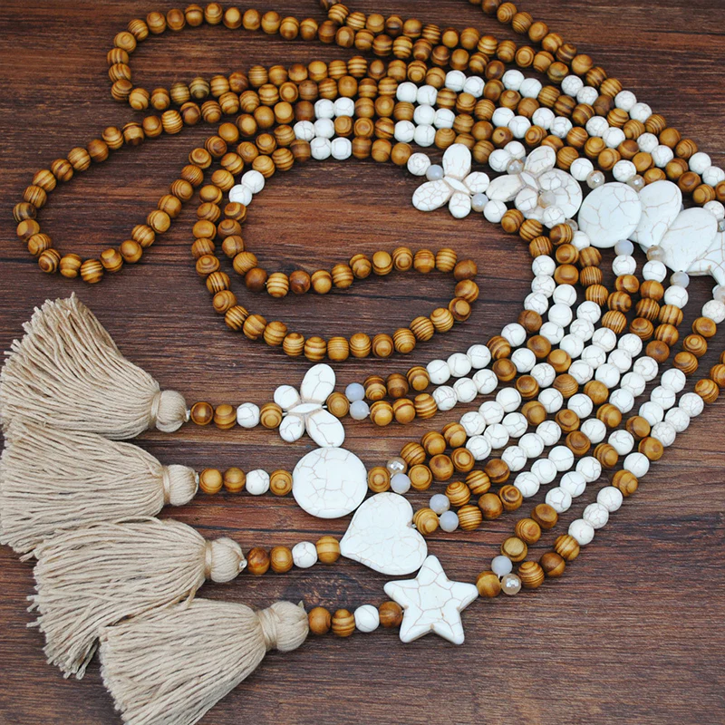 Ethnic Wooden Bead Handmade Tassel Necklace - greatdealsin