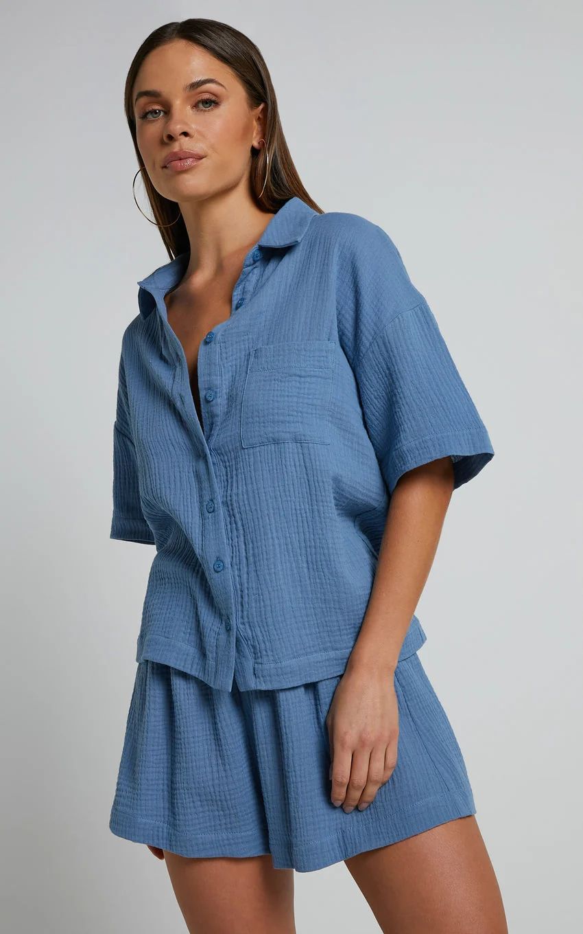 Elastic Waist Shorts in Azure Blue - greatdealsin