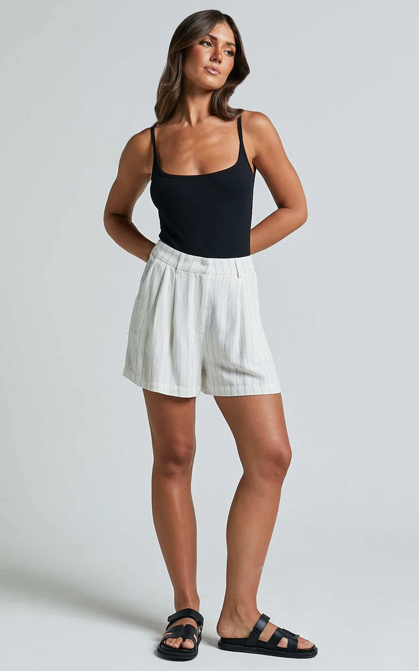 Linen Tailored Pinstripe Shorts in White - greatdealsin