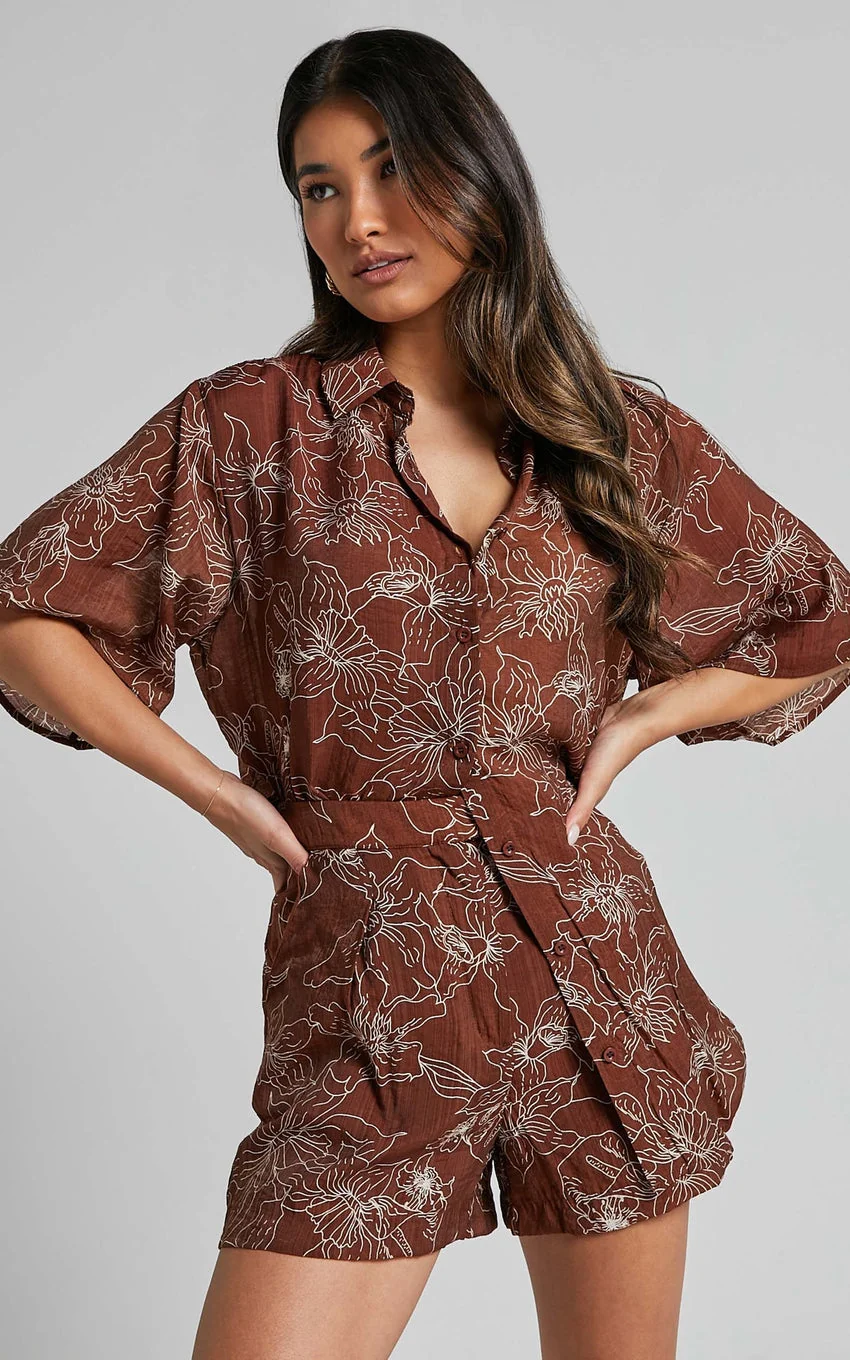 High Waisted Tailored Soft Shorts in Brown Floral - greatdealsin