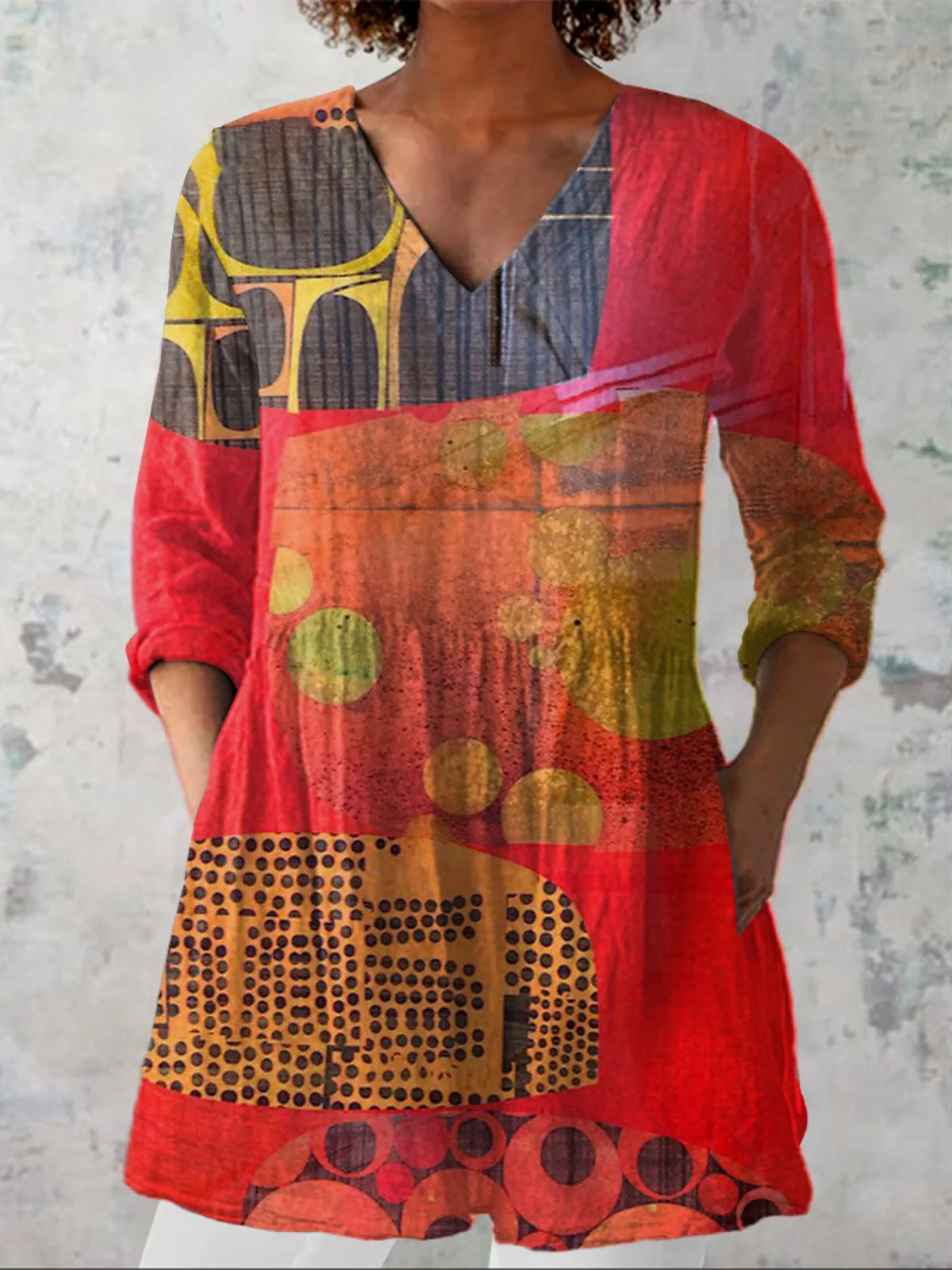 Long Blouse Multi‑Colored V-Neck - greatdealsin