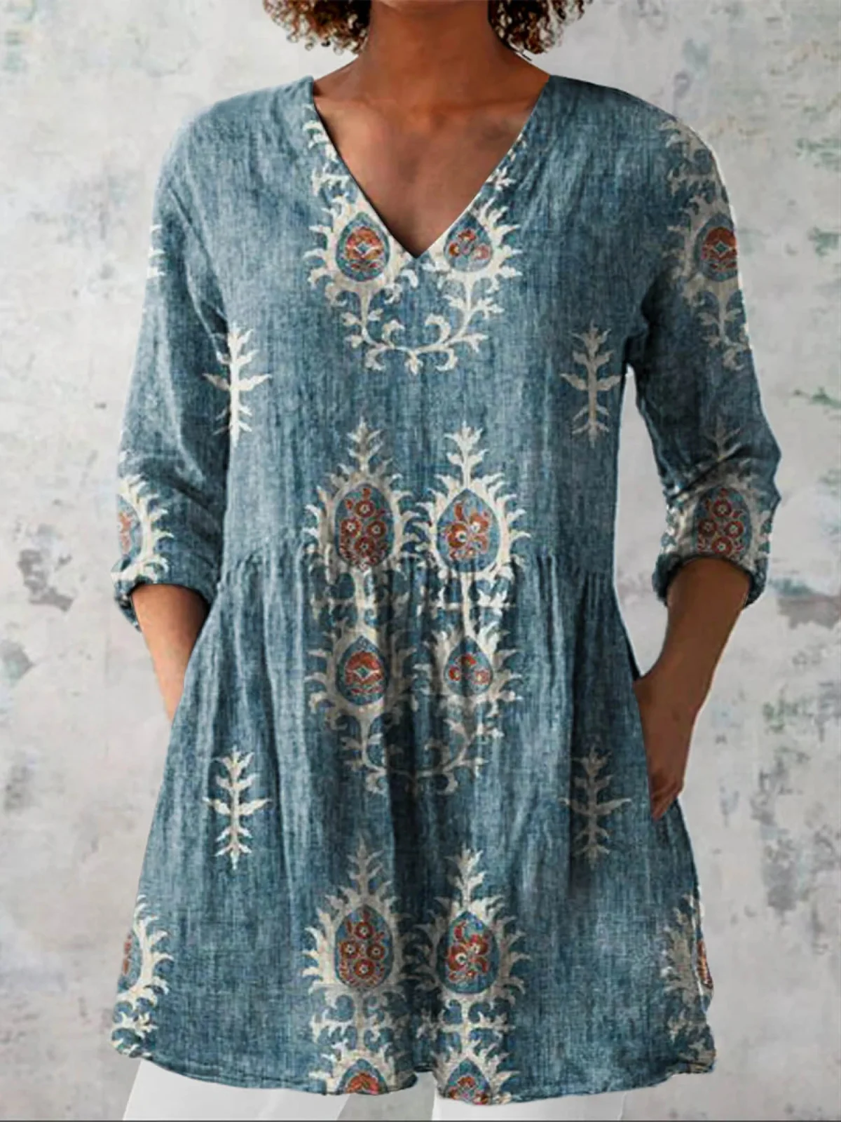 Long Blouse Abstract Print V-Neck - greatdealsin