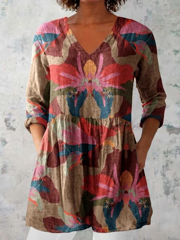 Colorful Long Blouse with V-Neck - greatdealsin