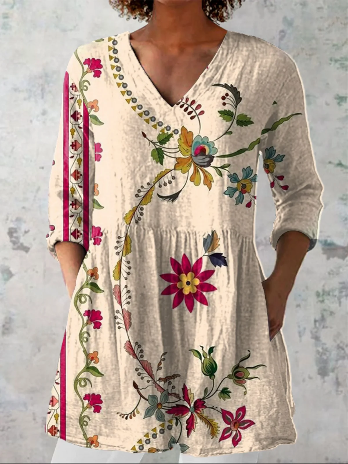 Long Blouse Botanical V-Neck - greatdealsin
