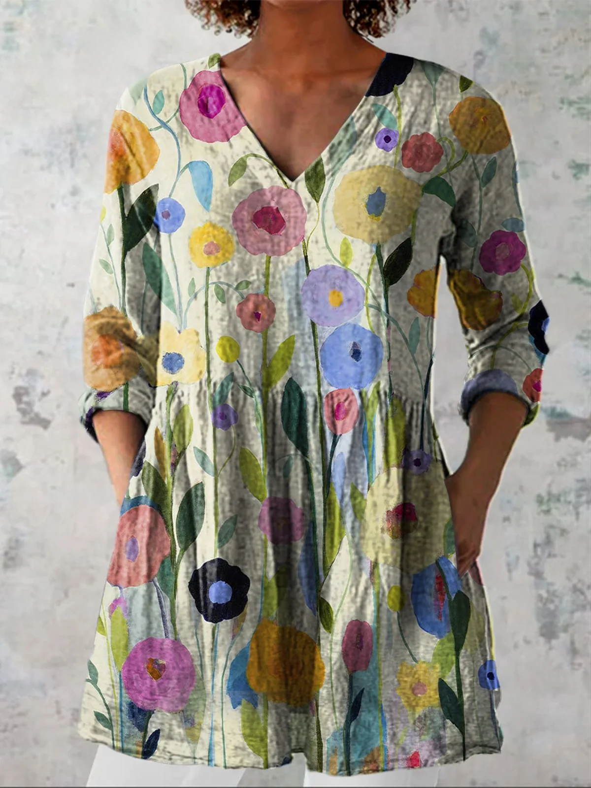 Multi‑Colored Long Blouse V-Neck - greatdealsin