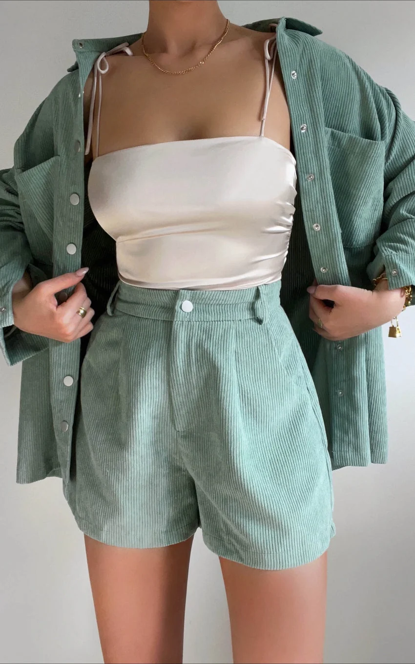 High Waisted Corduroy Shorts in Sage - greatdealsin