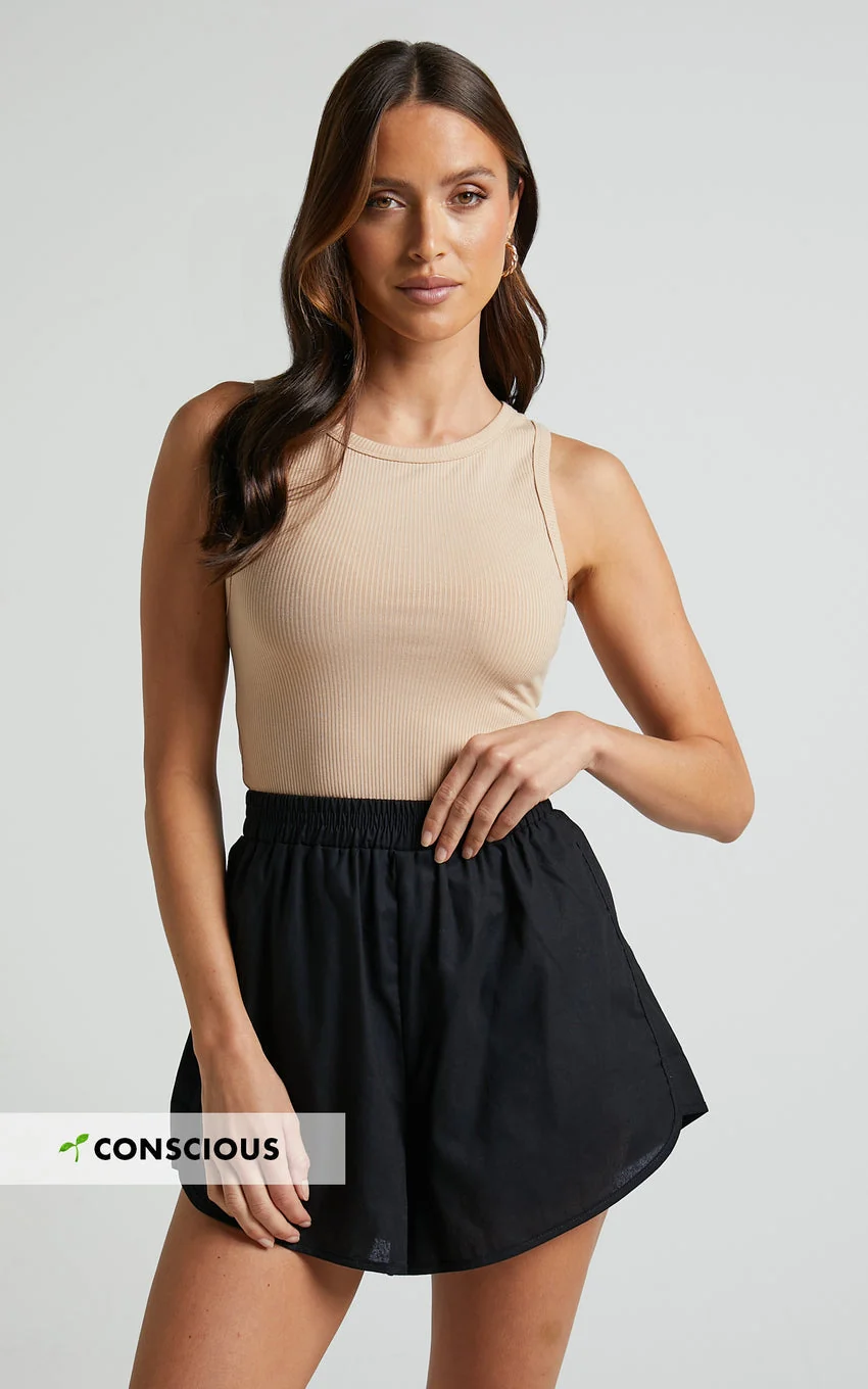 Linen Look Elasticated Curved Hem Soft Shorts in Black - greatdealsin