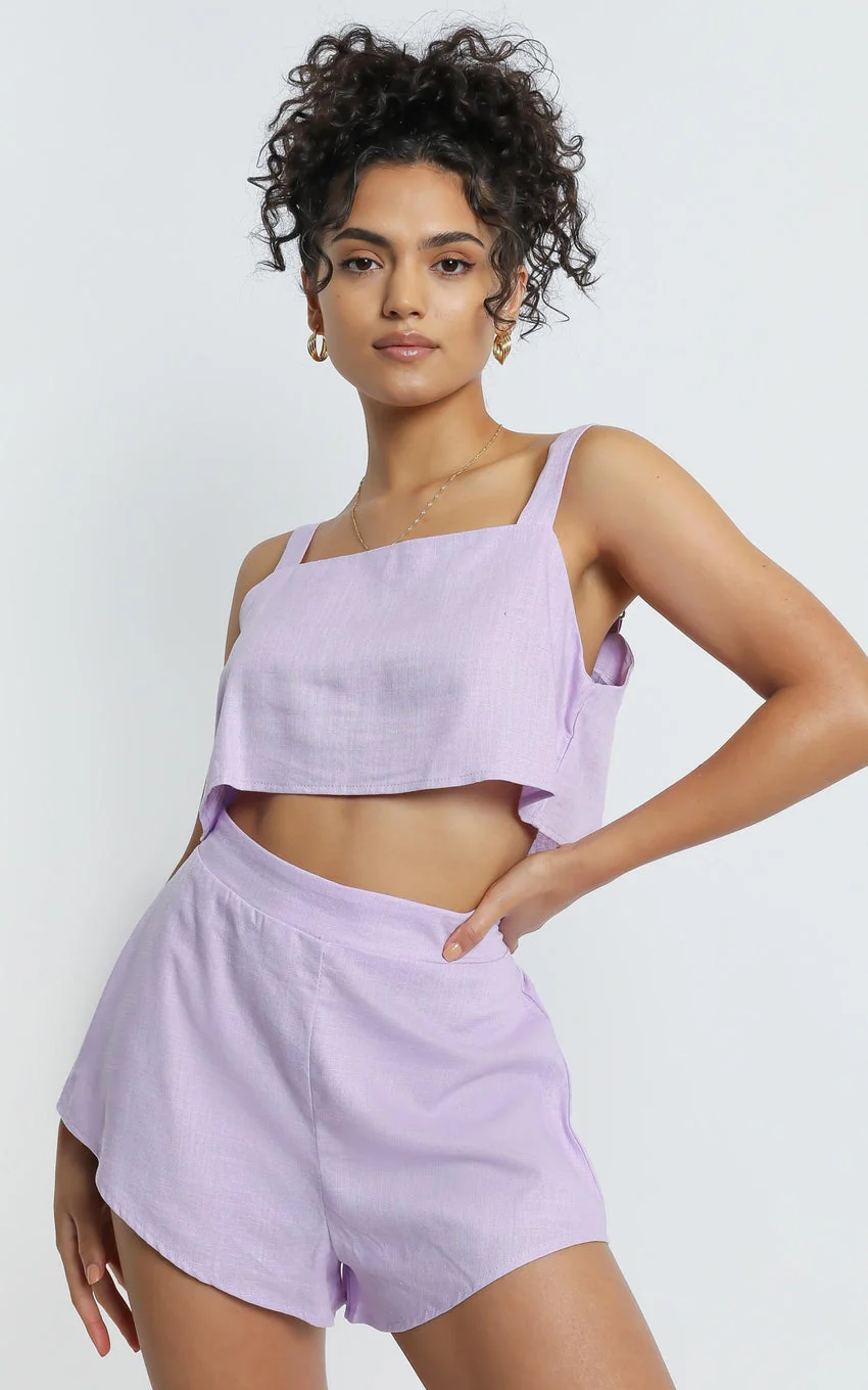 Square Neck Crop Top and High Waist Mini Flare Shorts in Lilac Linen Look - greatdealsin