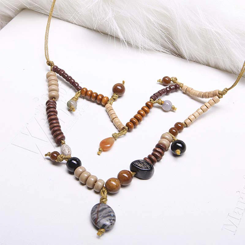 Wood Beads and Turquoise Pendant Necklace - greatdealsin