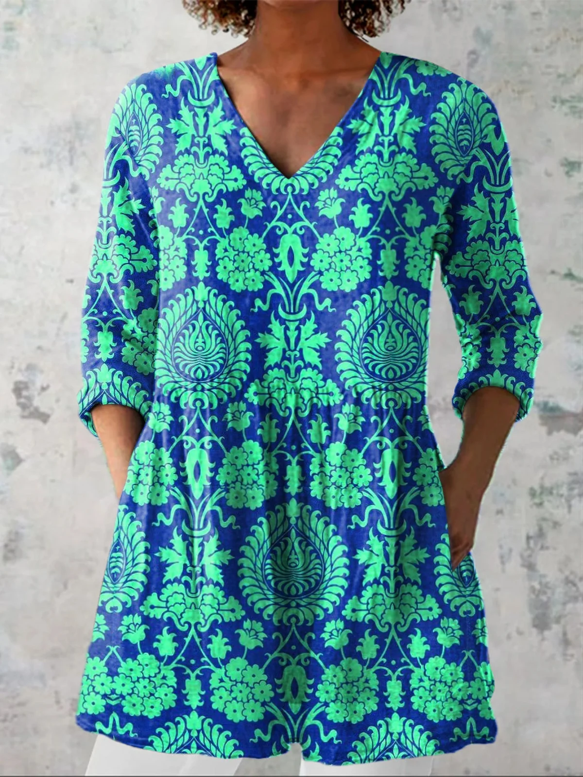 Ethnic Print Long Blouse with V-Neck - greatdealsin