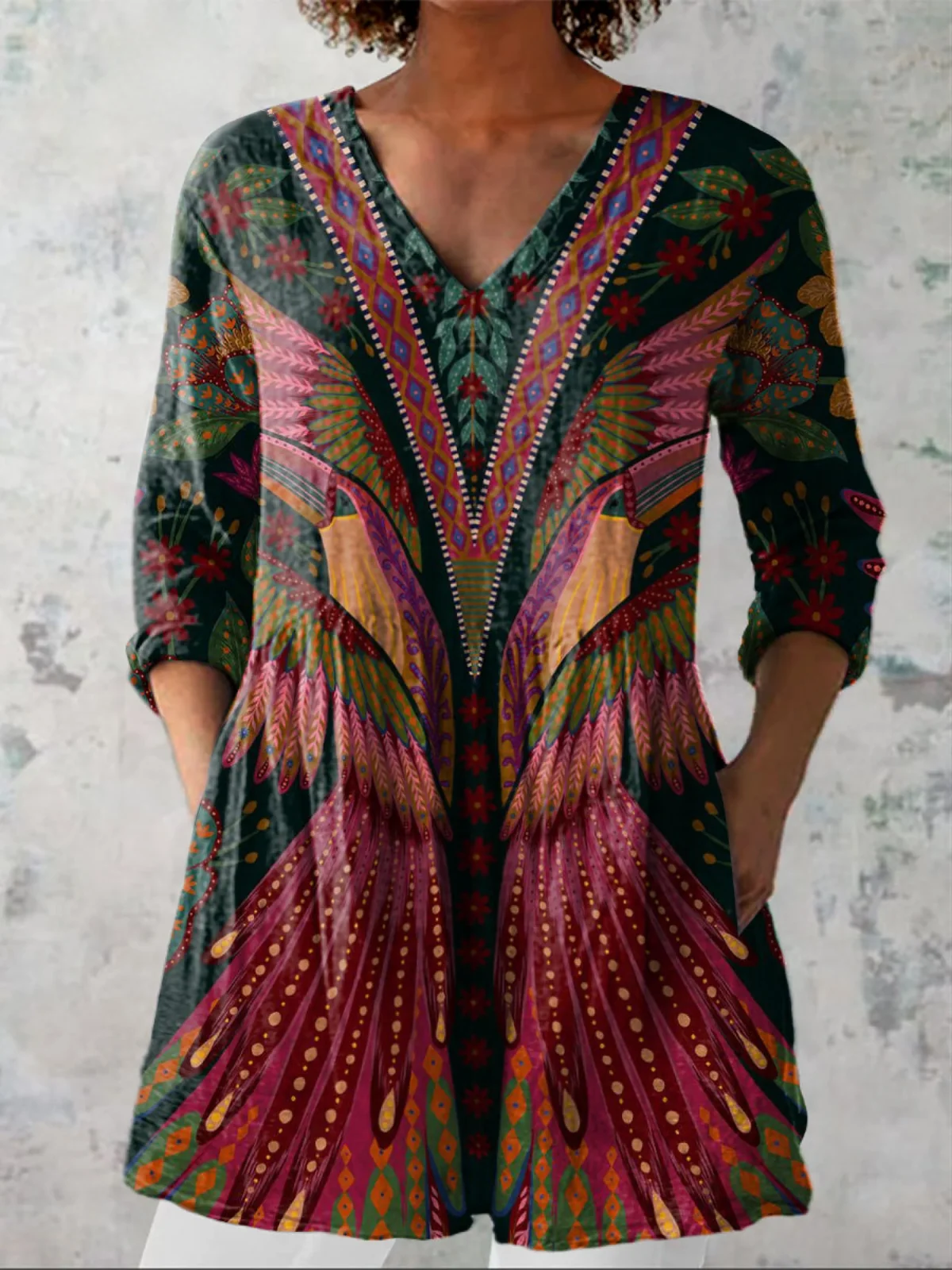Long Blouse with V-Neck Floral Printed - greatdealsin