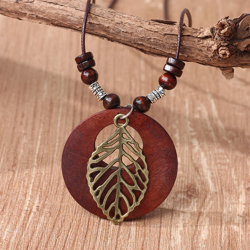 Leaf & Wood Slice Long Necklace - greatdealsin