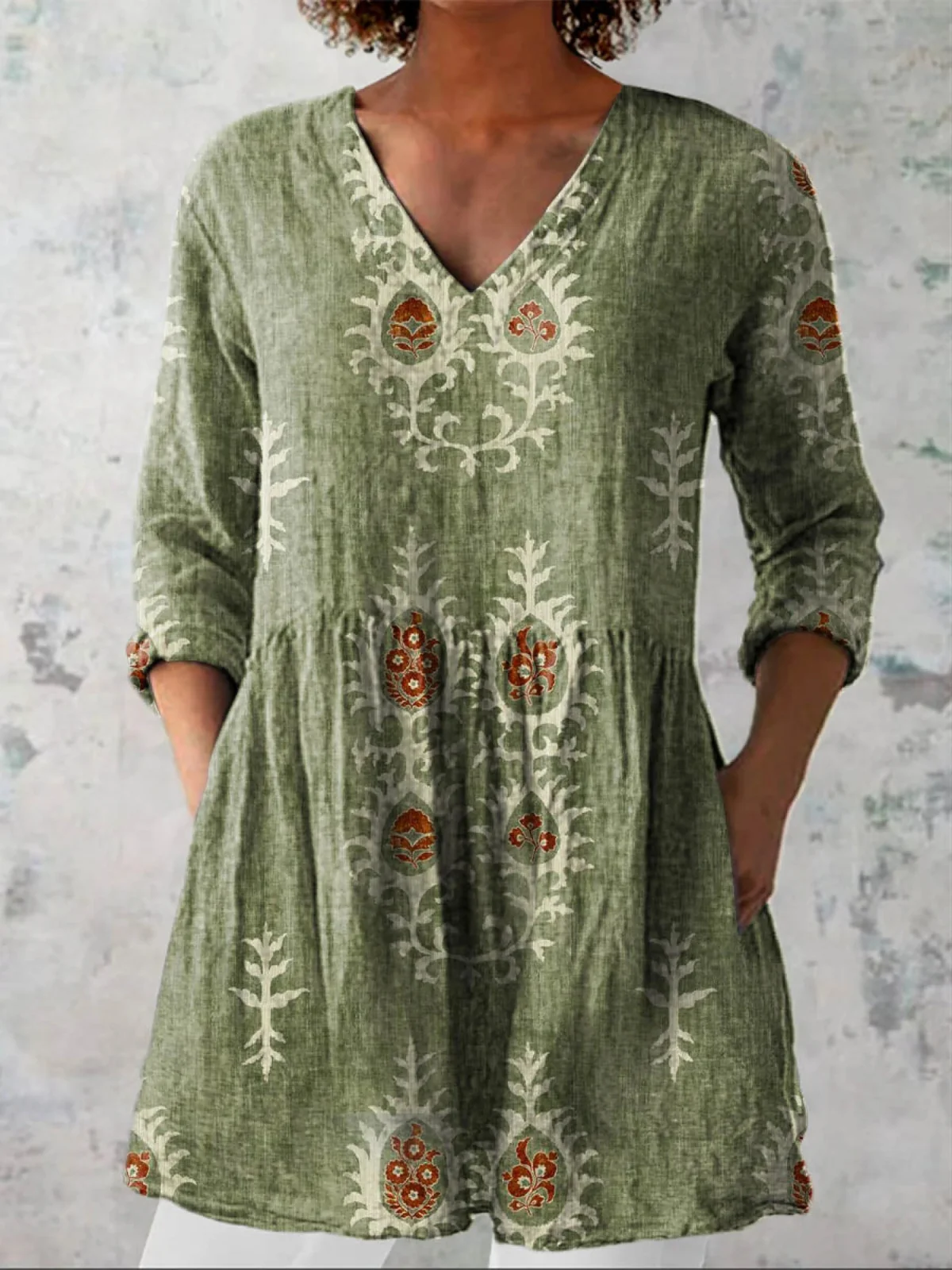 Long Blouse Abstract Print V-Neck - greatdealsin